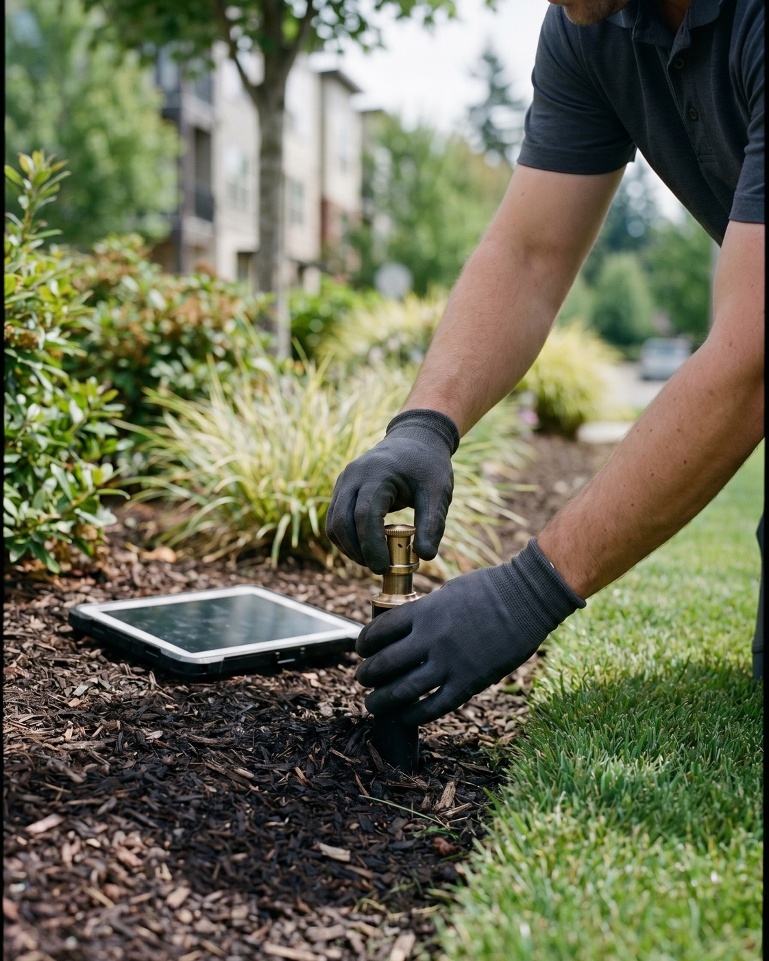 ManageMowed account manager inspecting an irrigation head in a commercial planting bed near downtown Redmond