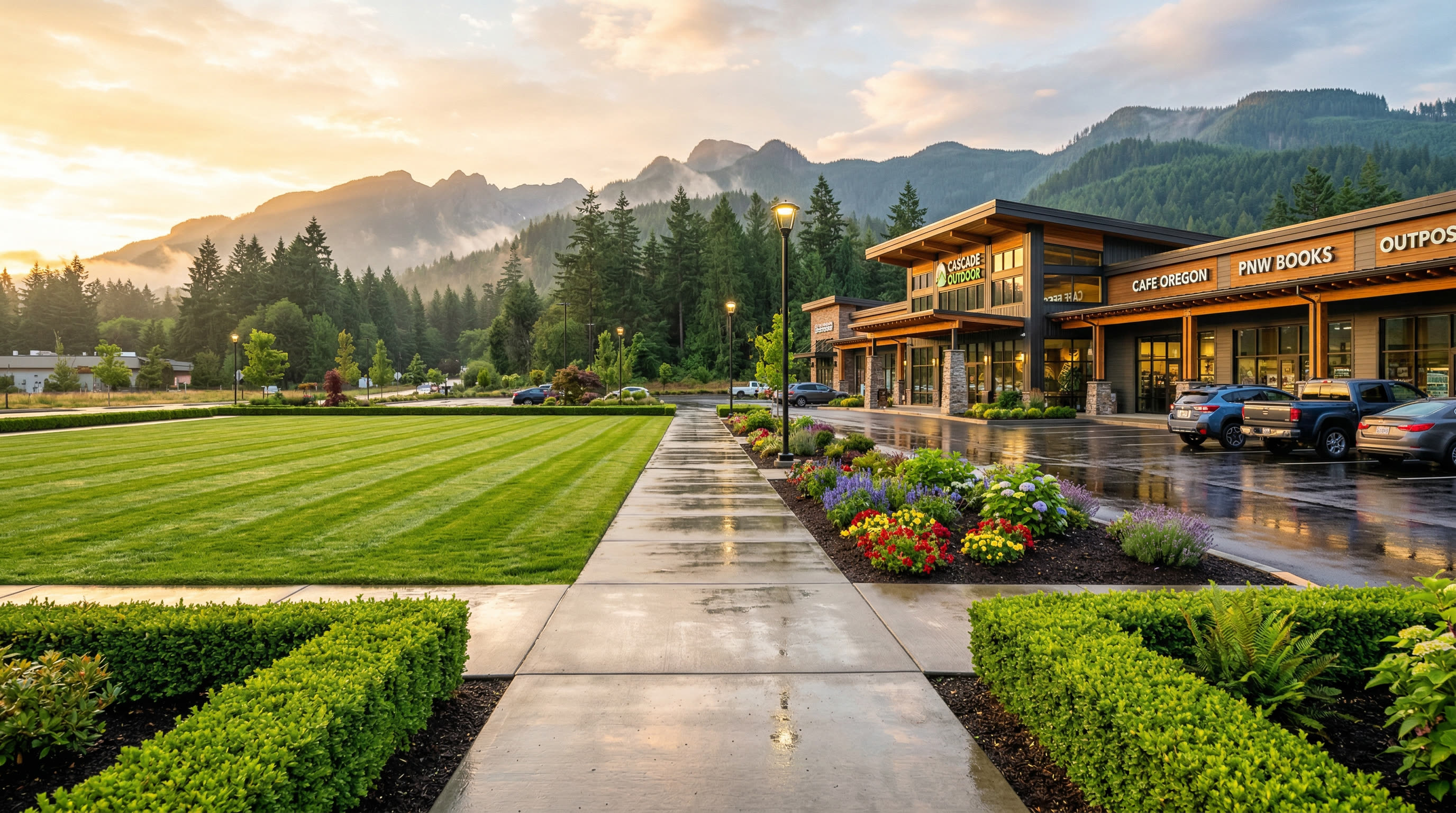Pristine commercial property maintained by ManageMowed in the Redmond and the Eastside