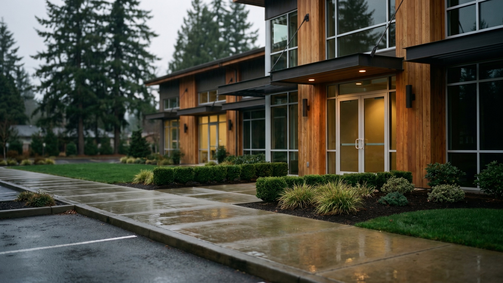 Clean modern commercial building exterior in Redmond with fresh turf edges and dark mulch beds at blue hour