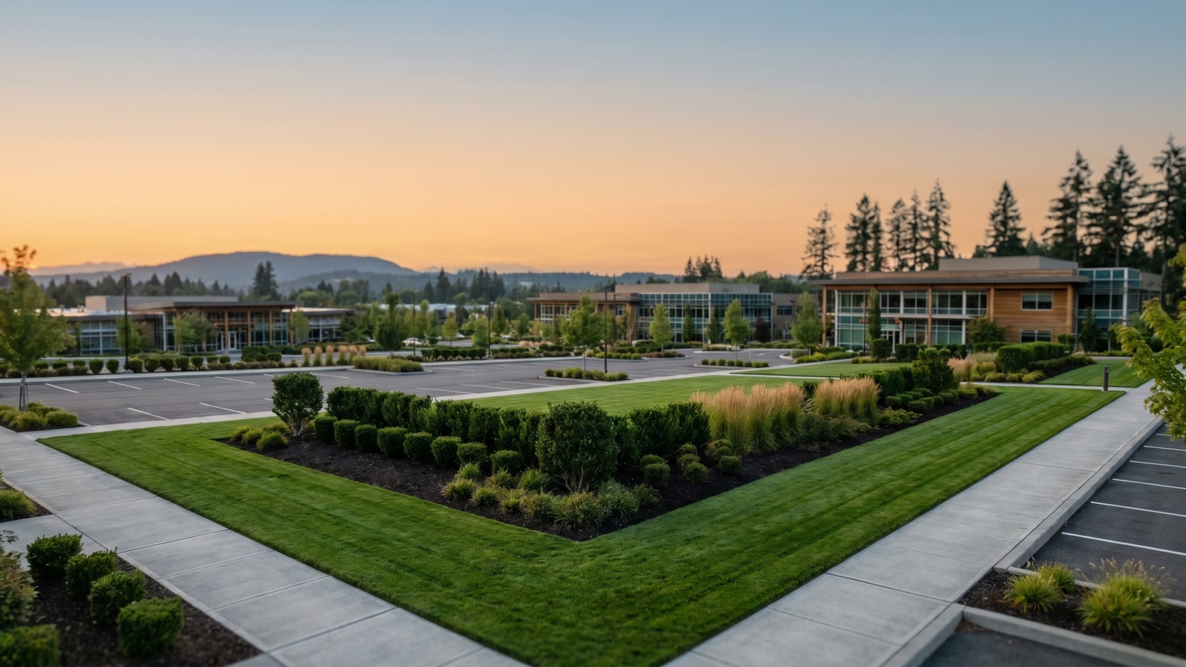 Manicured commercial campus landscaping in Redmond with modern glass tech offices and evergreen Cascade foothills at golden hour