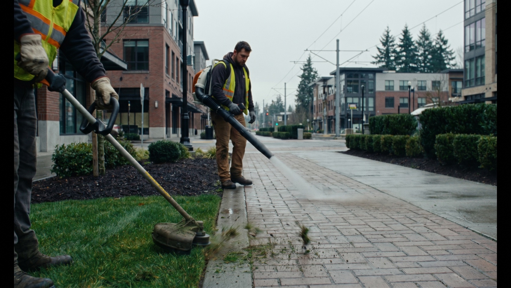 ManageMowed crew edging and blowing a Redmond retail walkway at dusk with downtown Redmond mixed-use buildings and fir trees beyond